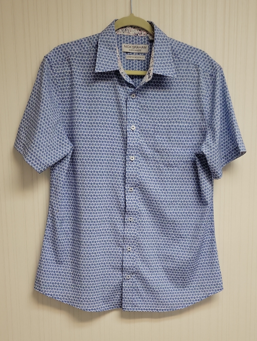 Nick Graham Everywhere Men's Blue Short-Sleeve Patterned Button-Up Shirt Medium